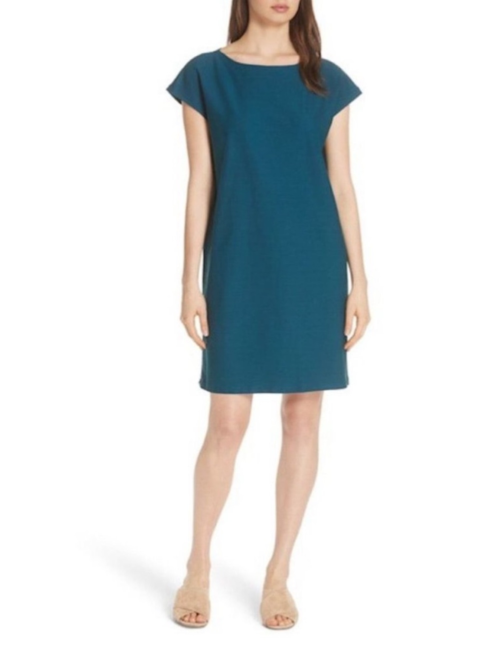 Eileen Fisher Teal Washable Crepe Boat Neck Side Zip Tunic Dress Womens Medium